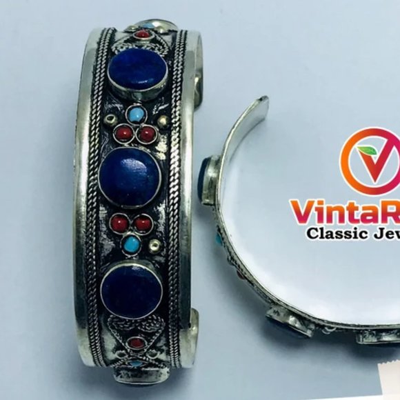 single Handmade Cuff Bracelet inlaid with Stones and Beads, Statement Cuff, Kuch - Picture 2 of 7